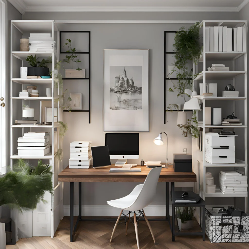 bureau Photo d'un bureau rangé, en bois, avec des décorations blanches.