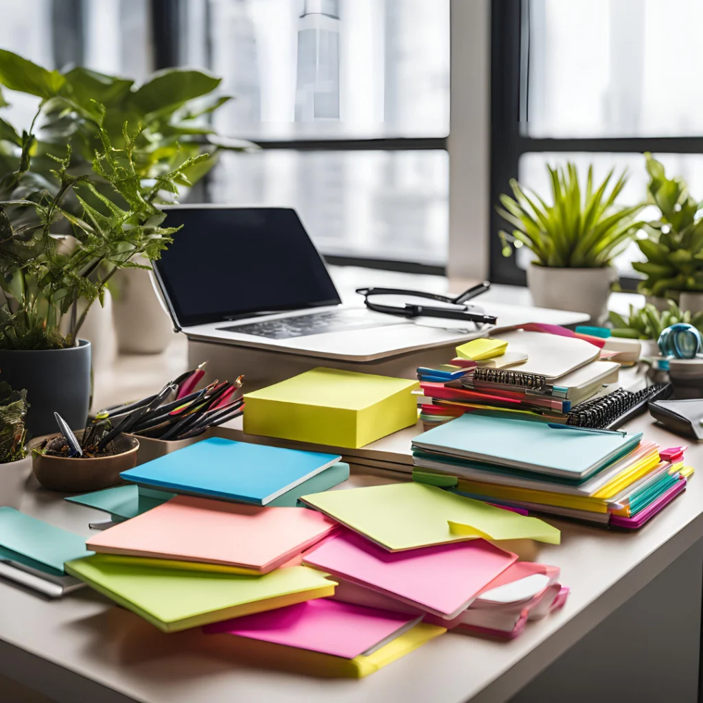 fournitures_bureau Photo d'un bureau ou sont empilés des fournitures de bureaux pour le service d'Office organiser.