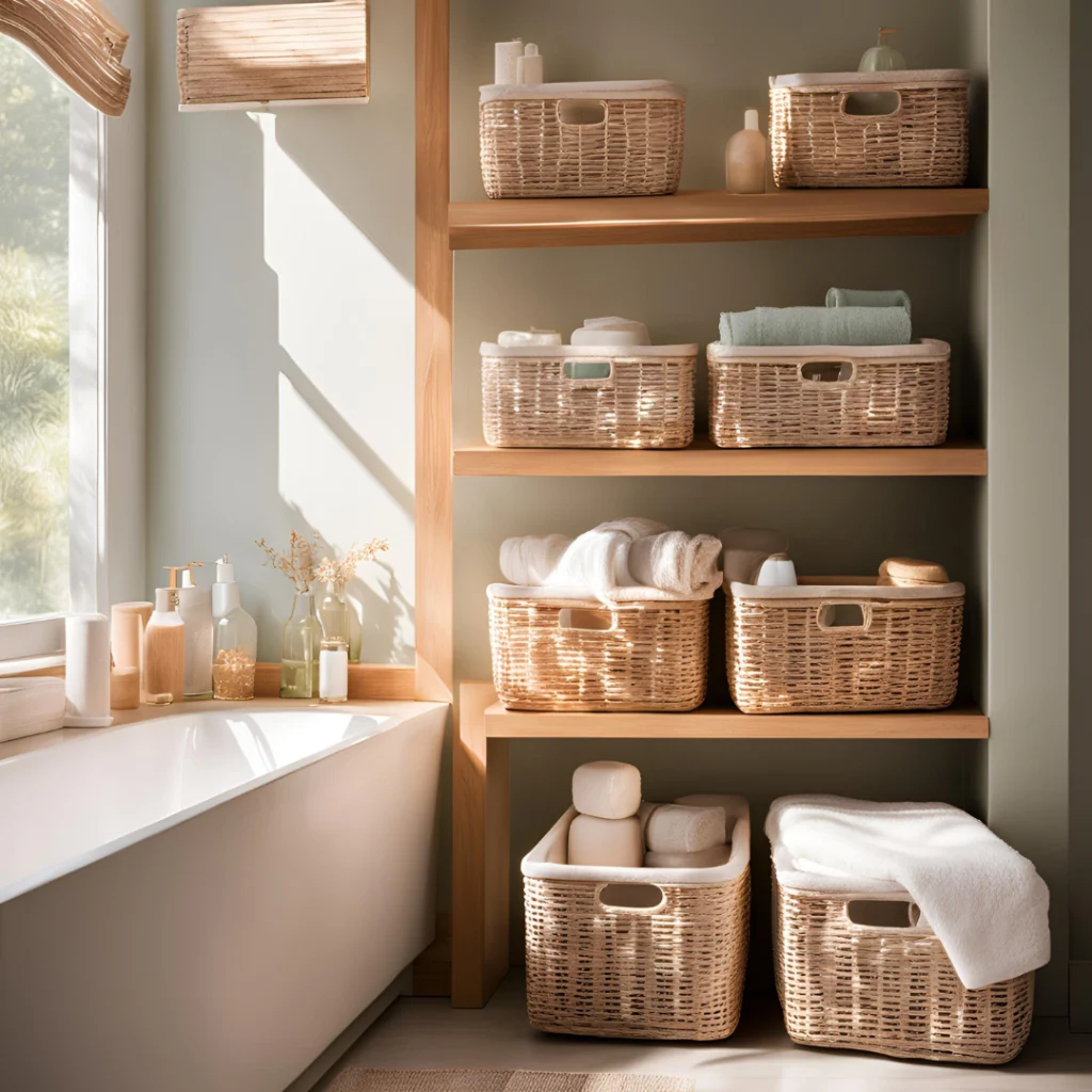 rangement-sdb Étagère où sont rangés des paniers en osier pour le service de Home organiser.